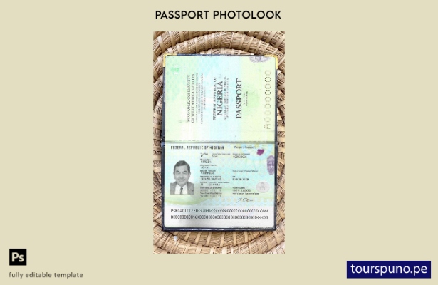 Plantilla de aspecto fotográfico lista para imprimir pasaporte de Nigeria (prese
